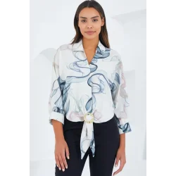 Oversize Dökümlü Crop Saten Gömlek 906 - İndigo