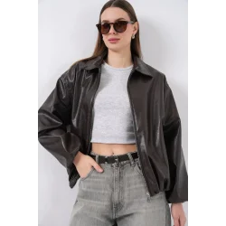 Oversize Suni Deri Ceket 1049 - Kahverengi