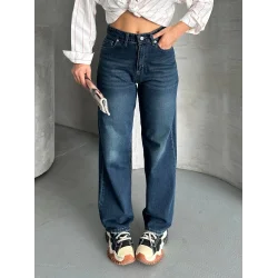 Palazzo bıyık enzim yıkama jeans pantolon koyu mavi d2008