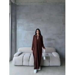 Pantolon yırtmaçlı elbise ikili triko takım kahve elf