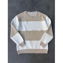 Parçalı Bisiklet Yaka Baskılı SweatShirt - Bej
