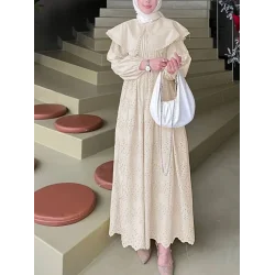 Pelerin Yaka Dantel Detaylı Elbise  -Bej