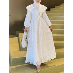 Pelerin Yaka Dantel Detaylı Elbise  -Beyaz