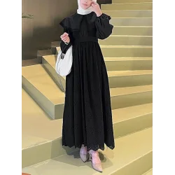 Pelerin Yaka Dantel Detaylı Elbise  -Siyah