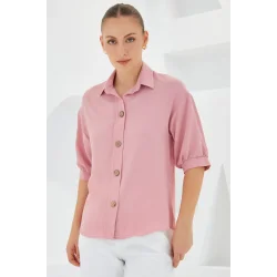 Pembe Kısa Kol Oversize Keten Gömlek 20240