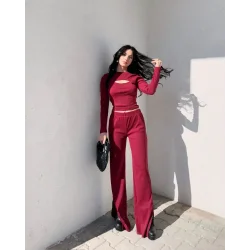 Pencereli detaylı alt üst takım bordo w3864