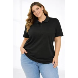 Pike Kumaş Düğmeli Yaka Battal Büyük Beden Günlük Kısa Kol Tişört T-shirt - Siyah