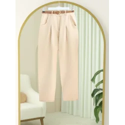 Pileli Cepli Kemerli Bilek Pantolon -Bej