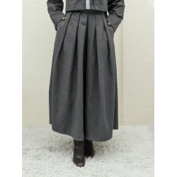 Pileli Fermuarlı Kaşe Etek   -Füme