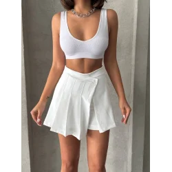 Piliseli düğmeli şort etek beyaz s25813
