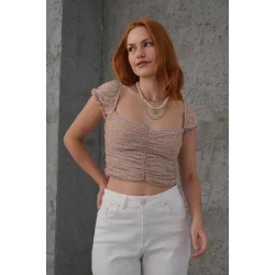 Puantiyeli Belden Oturtmalı Tül Krem Bluz