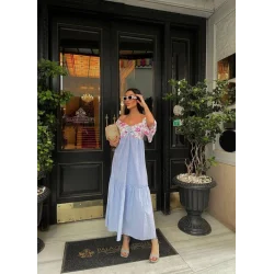 RENKLİ NAKIŞ DESENLİ ELBİSE - Mavi