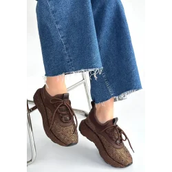 Rimay Kahverengi Cilt Boncuk İşlemeli Spor Ayakkabı