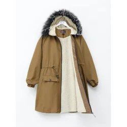 Sabit Kapşonlu İçi Kürklü Bondit Kaban -Taba