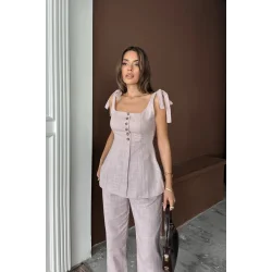 ŞANTUK KETEN YELEK GÖRÜNÜMLÜASKILI BLUZ - PANTOLON TK - Lila