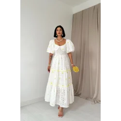 Sarı Dantel Detaylı Brode Elbise