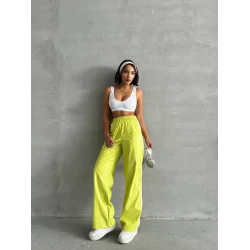 Şeritli deri pantolon yeşil h26430