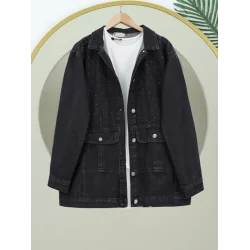 Serpme Taş Detaylı Kapaklı Cepli Kot Ceket -Siyah