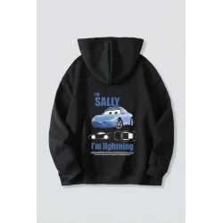 Sevgililer Günü Araba Temalı Baskılı Oversize Kapüşonlu Sweatshirt Hoodie - Siyah