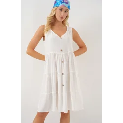 Sıfır Kol Düğmeli Kısa Elbise 2571 - Beyaz