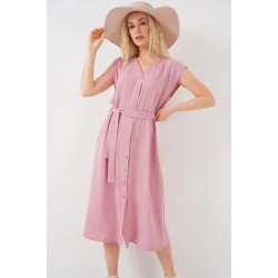 Sıfır Kol Kuşaklı Ayrobin Elbise 2568 - Pudra