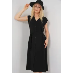 Sıfır Kol Kuşaklı Ayrobin Elbise 2568 - Siyah