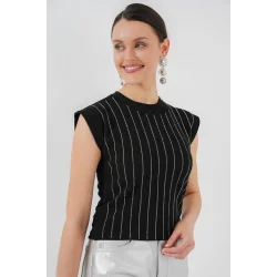 Sıfır Kol Taşlı Bluz 931 - Siyah