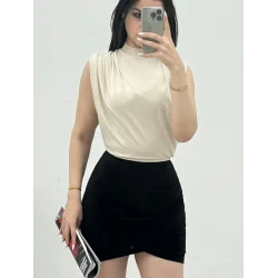 Sıfır Kol Vatkalı Sandy Bluz -Bej