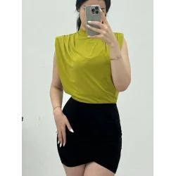 Sıfır Kol Vatkalı Sandy Bluz -Yağ Yeşili