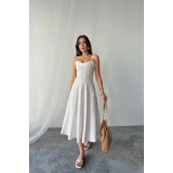 SİMLİ ÇİZGİLİ ASKILI ELBİSE MİDİ BOY - Kahverengi