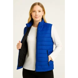 Şişme Fermuarlı Yelek Su Itici Kapitone Astarlı Kumaş Cepli Hafif Kışlık Spor Rahat Kalıp - Saks Mavisi