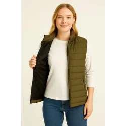 Şişme Fermuarlı Yelek Su Itici Kapitone Astarlı Kumaş Cepli Hafif Kışlık Spor Rahat Kalıp - Haki