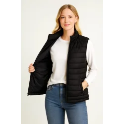 Şişme Fermuarlı Yelek Su Itici Kapitone Astarlı Kumaş Cepli Hafif Kışlık Spor Rahat Kalıp - Siyah