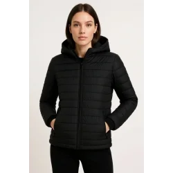 Şişme Kapüşonlu Fermuarlı Mont Su Itici Kapitone Astarlı Kumaş Cepli Kışlık Rahat Kalıp - Siyah