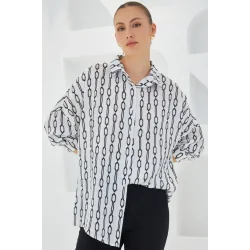 Siyah Beyaz Desenli Oversize Saten Gömlek 3985
