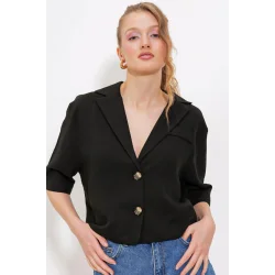 Siyah Çift Düğmeli Oversize Crop Keten Ceket 0706