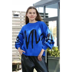 Siyah çizgili bisiklet yaka kazak Saks