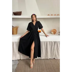 Siyah Müslin Uzun Elbise