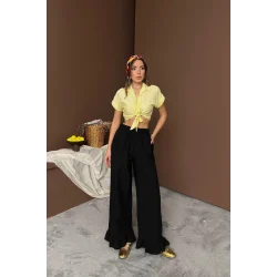 Siyah Paçası Fırfırlı Keten Pantolon