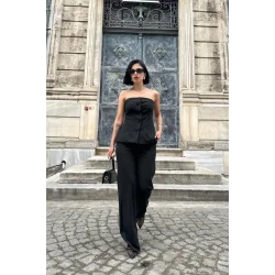 Siyah Straplez Düğmeli Crop Ve Pantolon Takım