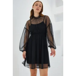 Siyah Tül Detaylı Mini Elbise 2485