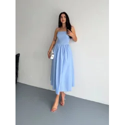 Straplez Pileli Elbise - Açık Mavi