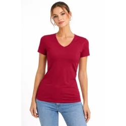 T-Shirt V Yaka Slim Fit Likralı Tişört Günlük Basic Body - Bordo