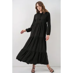 T1627 Yaka Bağcıklı Elbise - Siyah