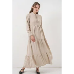 T1627 Yaka Bağcıklı Elbise - Taş