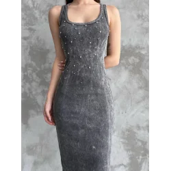 Taşlı askılı elbise