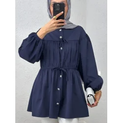 Taşlı Düğmeli Kolu Lastikli Bağlama Detaylı Gömlek -Laci