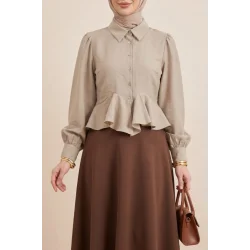 Taşlı Düğmeli Volan Detaylı Modal Gömlek Bluz -Bej