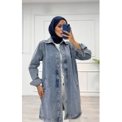 Taşlı tunik ceket kar yıkama orta mavi d2516