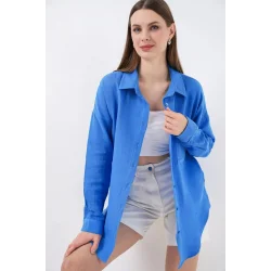 Tek Cepli Oversize Müslin Gömlek 20353 - Mavi